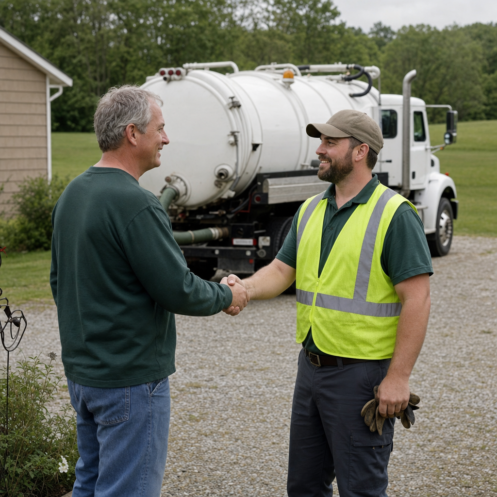 A septic technician shaking a San Francisco homeowner's hand beside the service truck after a completed pump-out