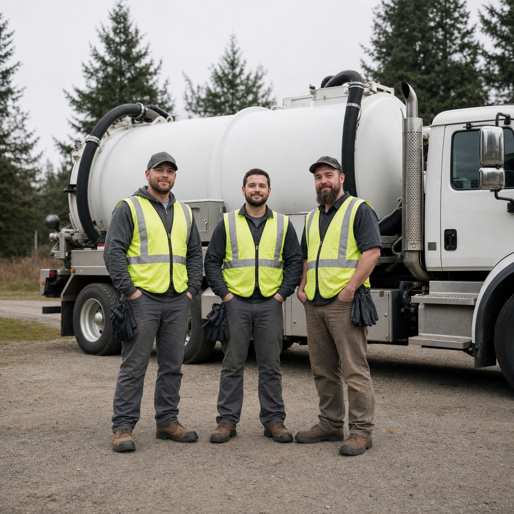 The San Francisco septic pumping crew standing together beside their clean white vacuum truck on a residential street