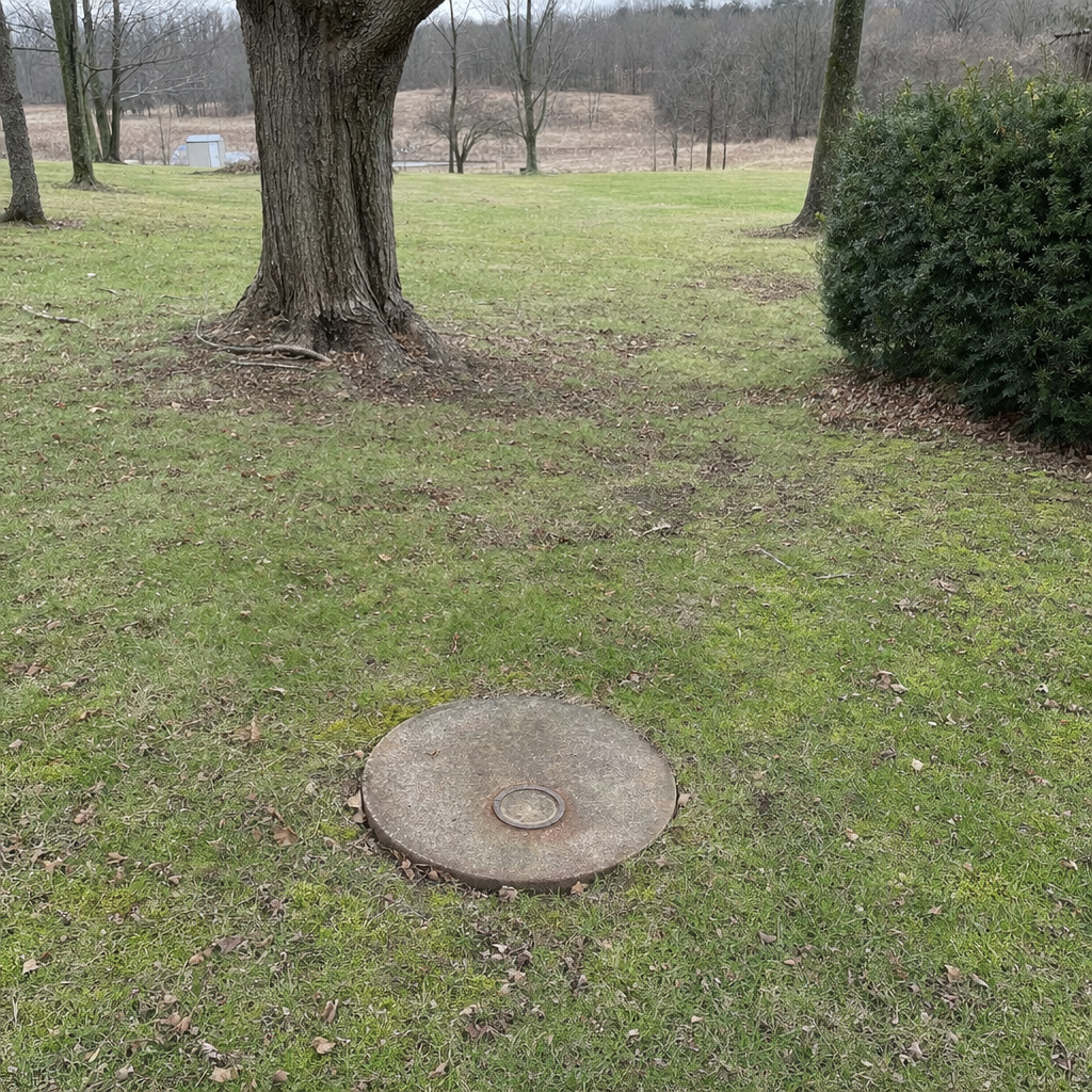 An older round cesspool access lid set flush in an established, mature San Francisco backyard lawn