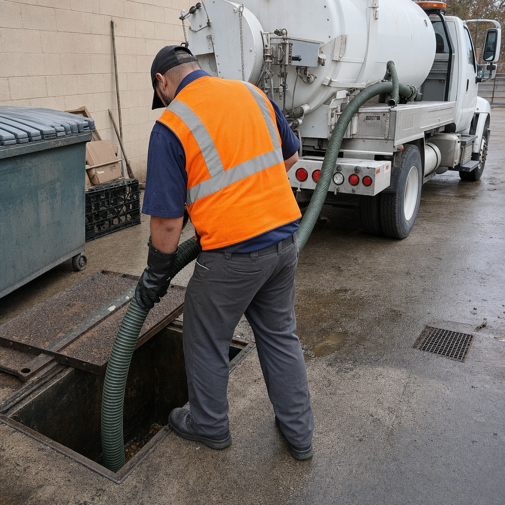 Technician pumping a grease trap behind a San Francisco restaurant