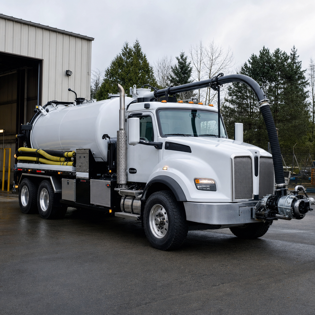 A clean white septic vacuum truck rolling out of a tidy San Francisco service depot at the start of the day