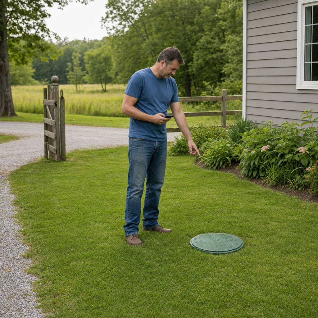 A San Francisco-area homeowner standing in the backyard noting where the septic tank lid and access route are located