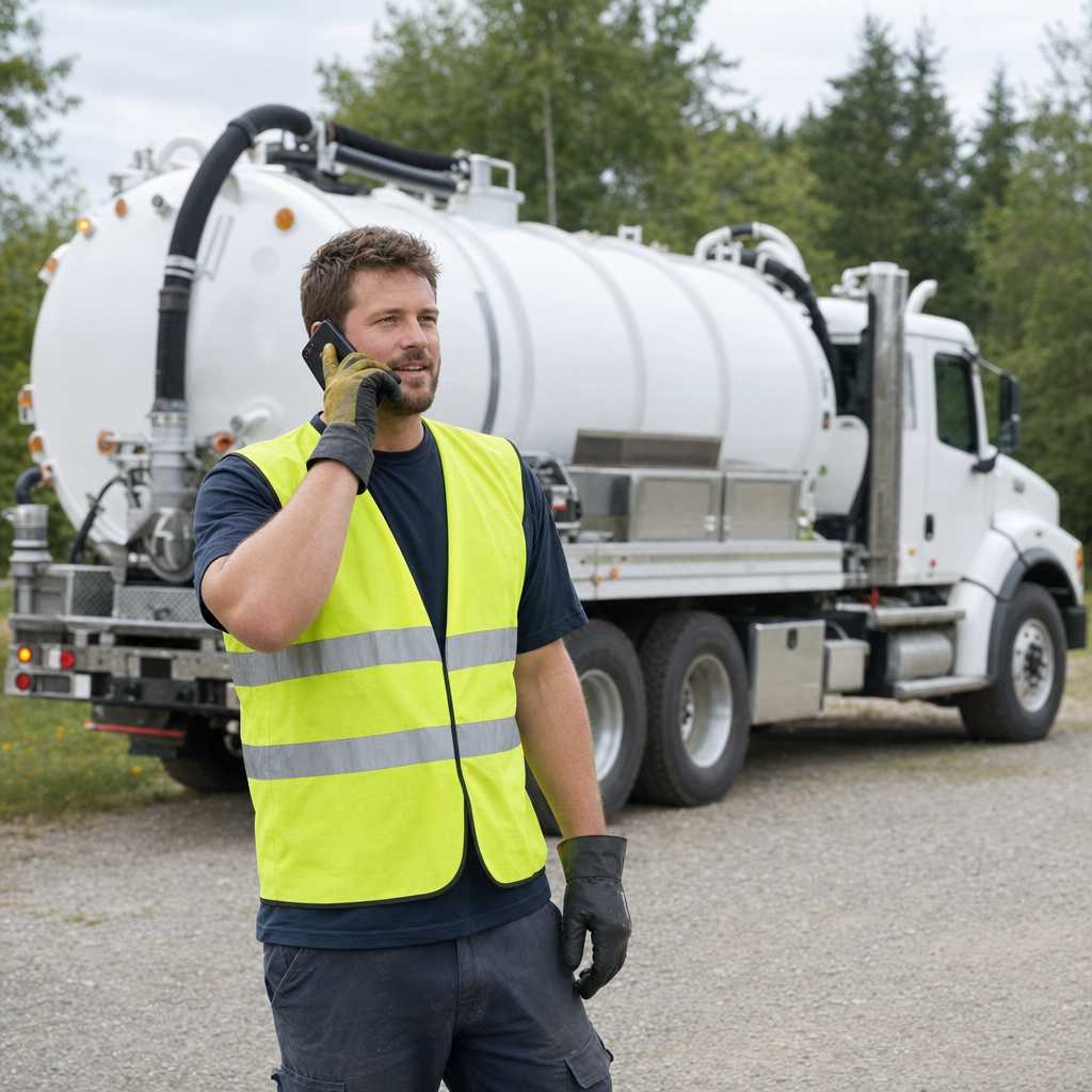 A friendly septic dispatcher holding a phone, ready to answer a San Francisco homeowner's call about a pump-out