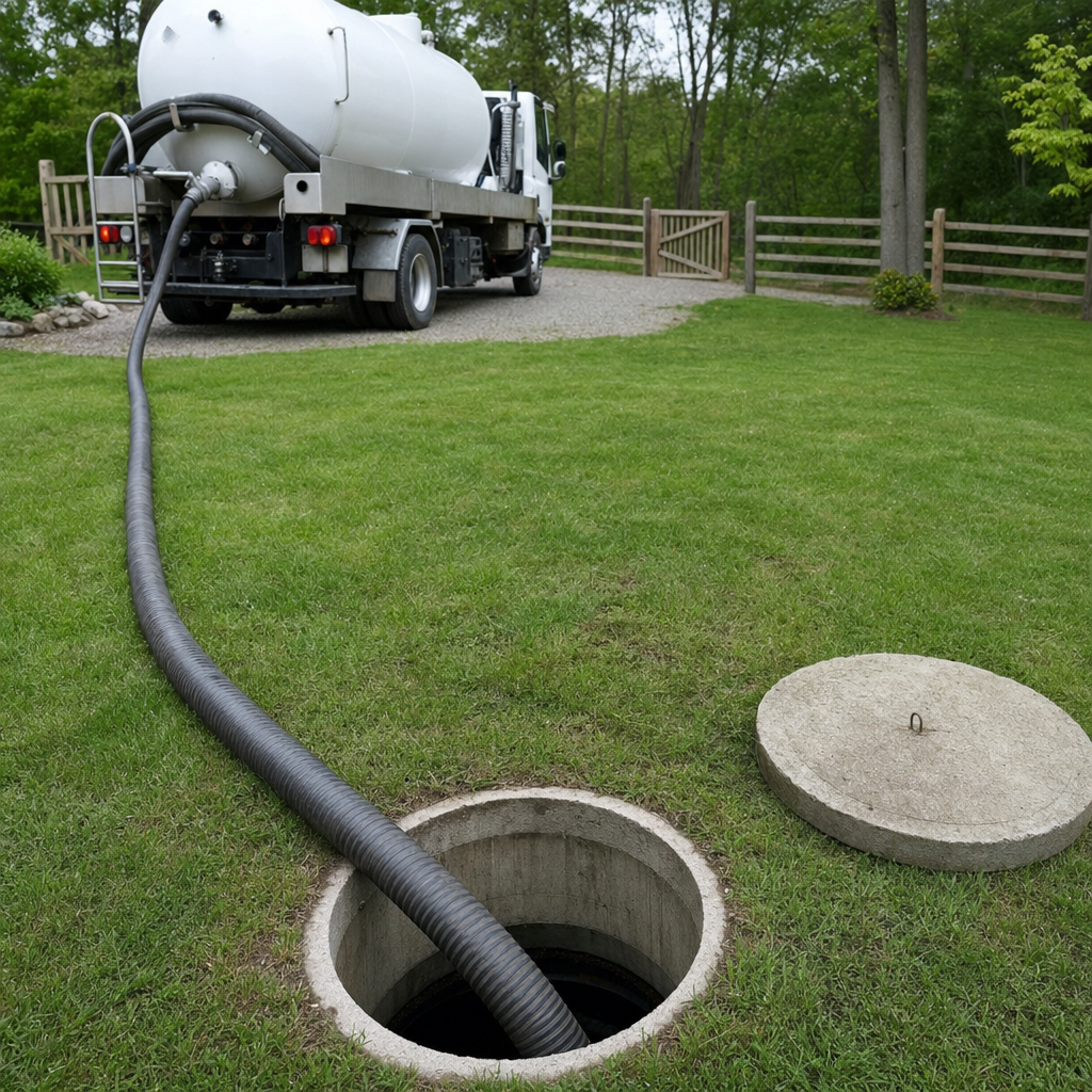 Suction hose connected to an open septic tank, drawing it down in a tidy San Francisco yard