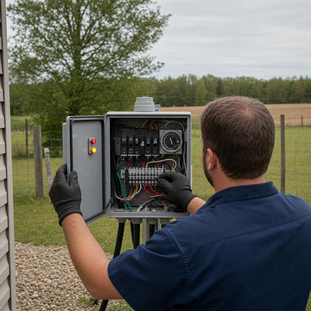 Technician checking an aerobic septic control box with a lit red high-water alarm during a same-day San Francisco visit