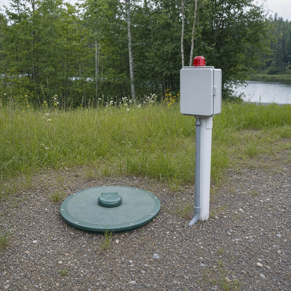 A wastewater holding tank access lid set in the ground at a rural San Francisco-area cabin, with a mounted high-level float alarm panel nearby