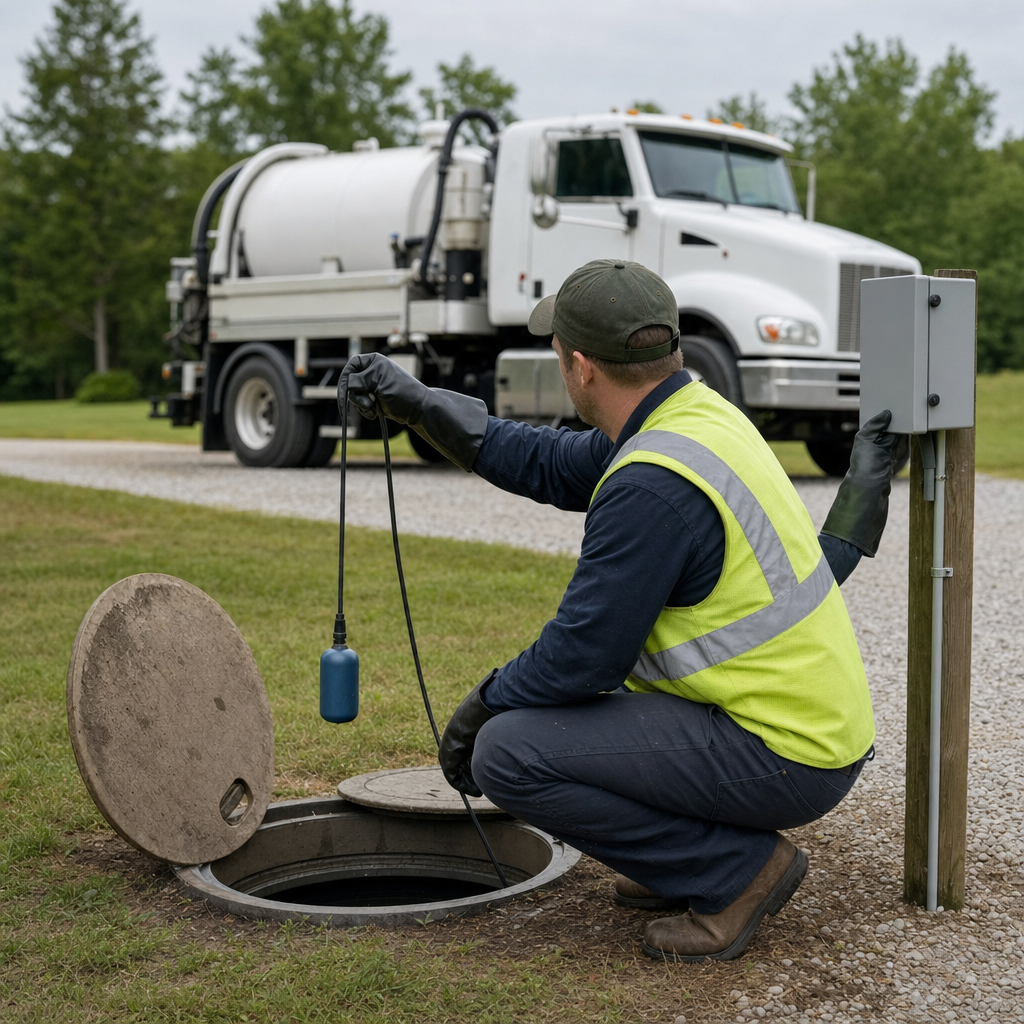 A septic technician in a high-visibility vest checking a high-level float switch and alarm panel on a holding tank at a rural San Francisco-area site