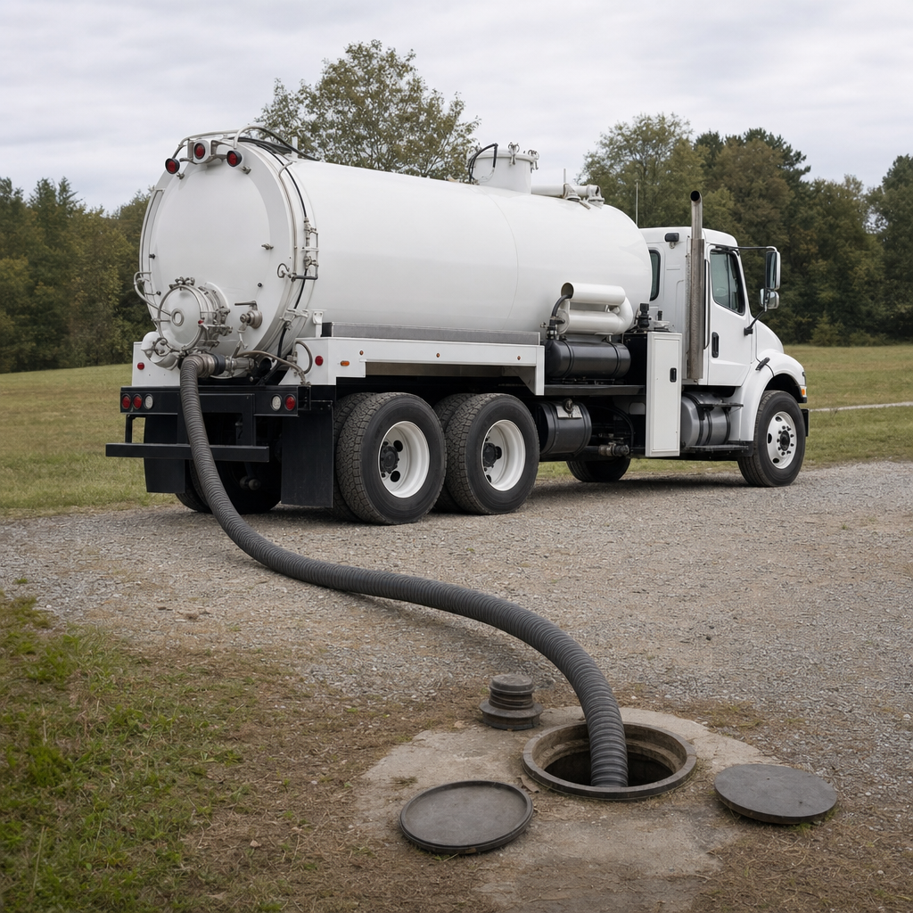 An unmarked white vacuum truck emptying a wastewater holding tank on a scheduled visit at a rural San Francisco-area property, thick suction hose running to the tank lid