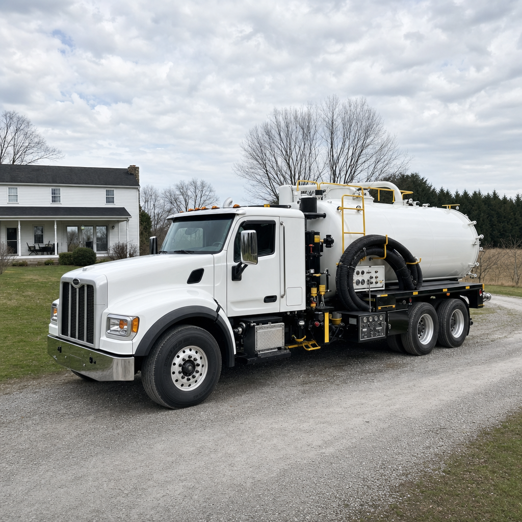 A clean white septic vacuum truck parked on a tidy San Francisco driveway with the suction hose neatly coiled