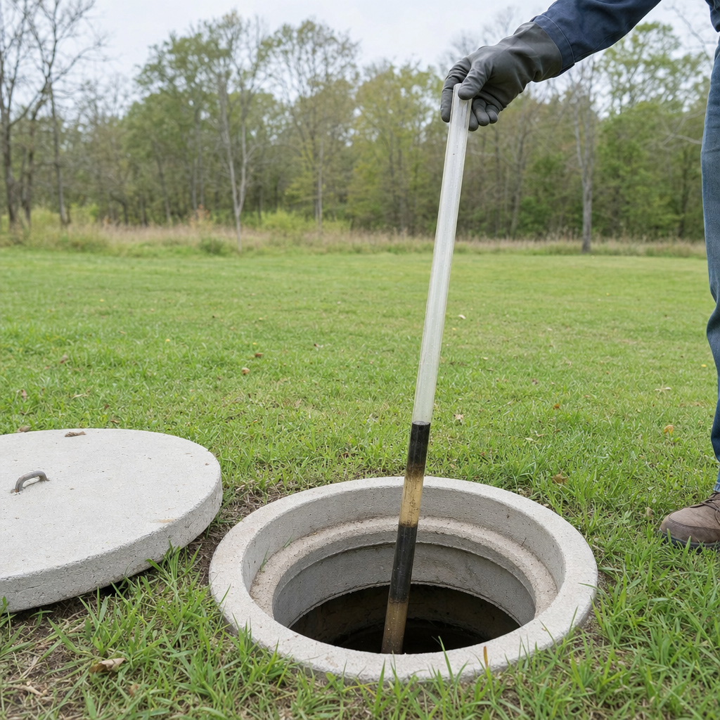 A septic sludge-judge measuring stick lowered into an open San Francisco septic tank to read the depth of the sludge and scum layers before deciding whether a pump-out is due