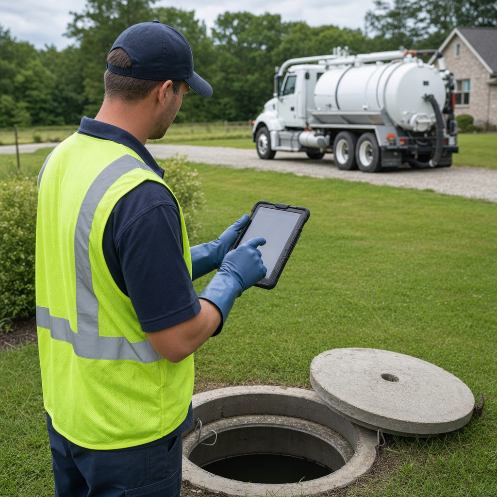 A septic technician recording a San Francisco home's pump-out date and tank condition on a tablet beside an open access lid, tracking the service history that sets the next due date