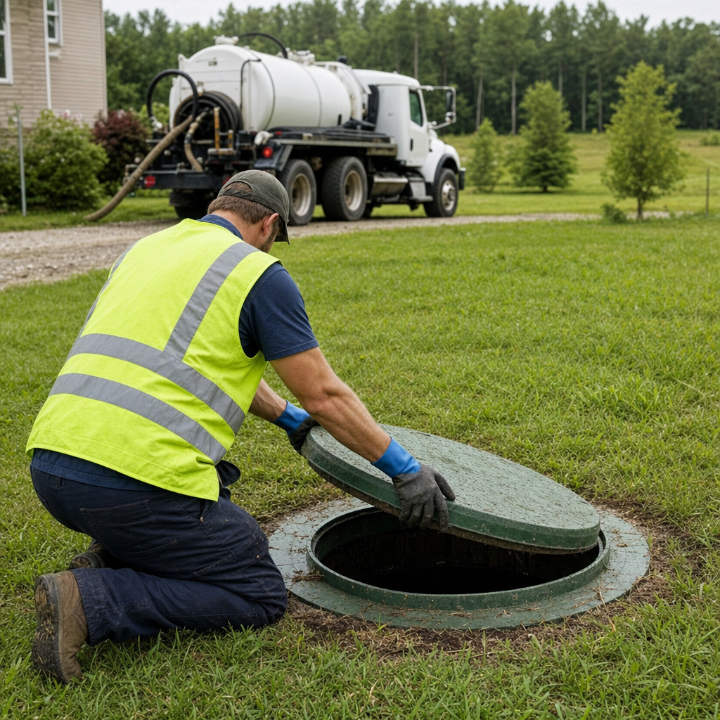 Septic technician kneeling on a San Francisco lawn, lifting the access lid on a residential septic tank