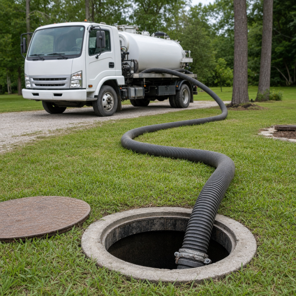 Thick ribbed suction hose lowered into a clean open septic tank port on a tidy San Francisco backyard lawn