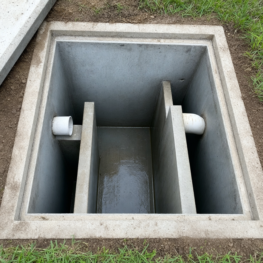 Inspection of the concrete baffles inside an open, emptied and freshly cleaned San Francisco septic tank