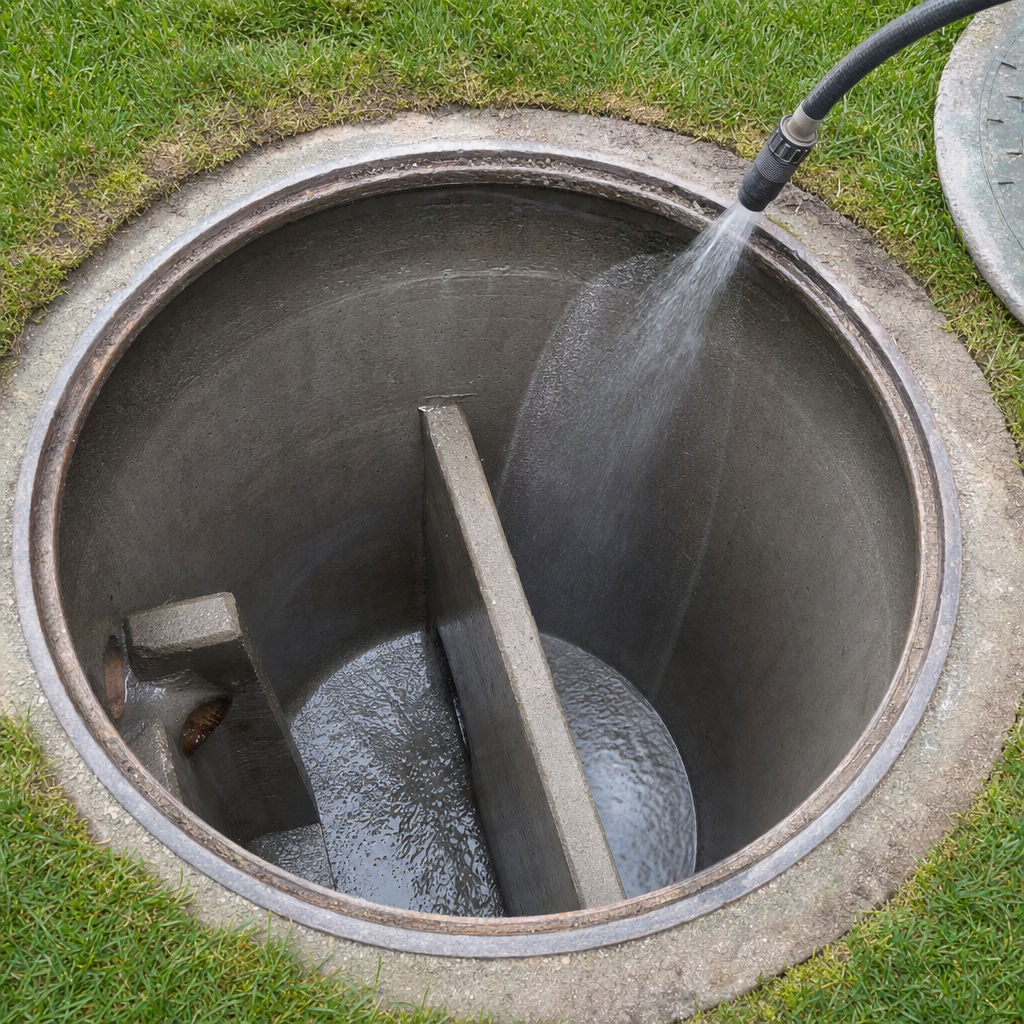 Interior concrete walls of an emptied San Francisco septic tank being rinsed clean with the truck's onboard water hose