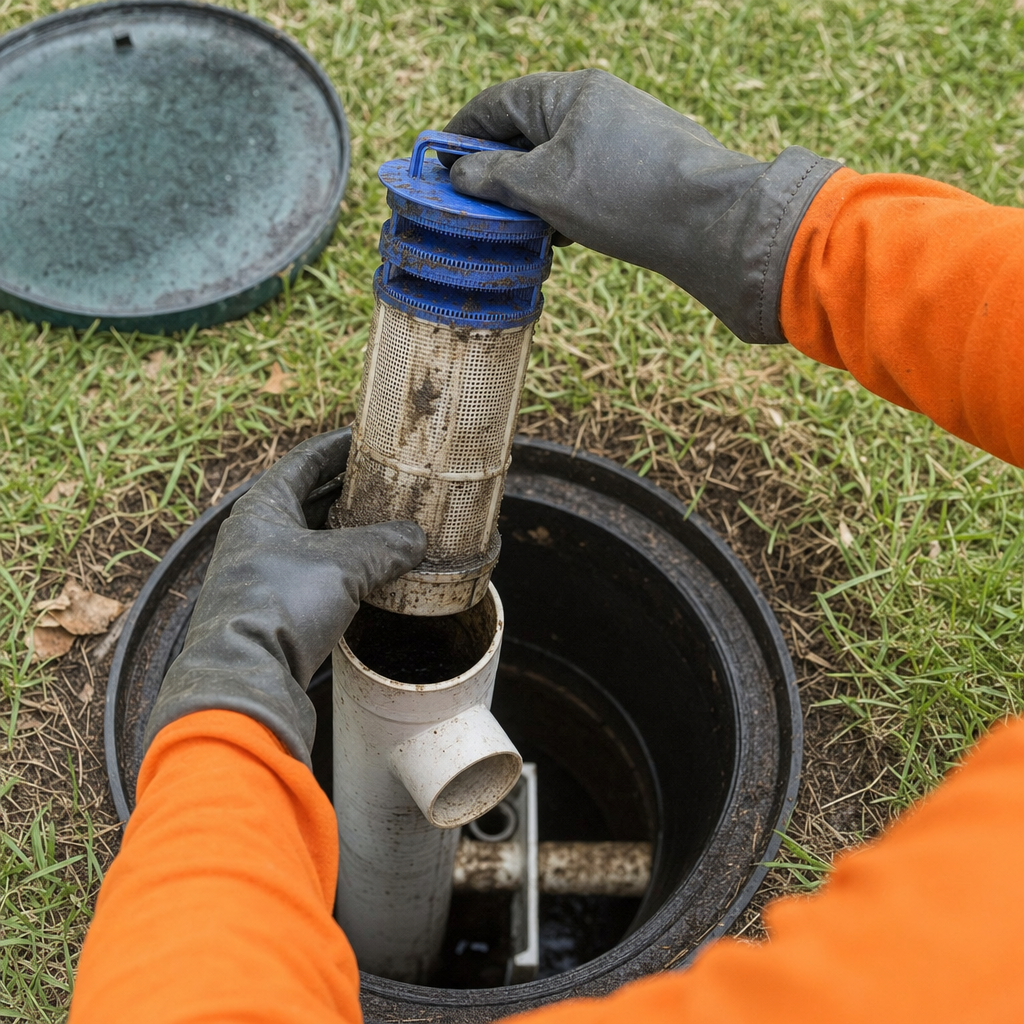 Septic technician's gloved hands lifting the effluent filter cartridge out of the outlet housing on a San Francisco septic tank