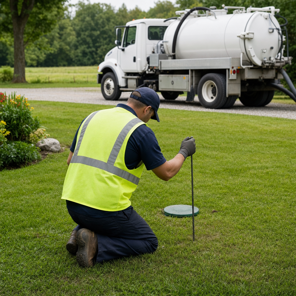 Septic technician kneeling on a San Francisco lawn, probing to locate and measure the depth of a buried septic tank lid before pumping