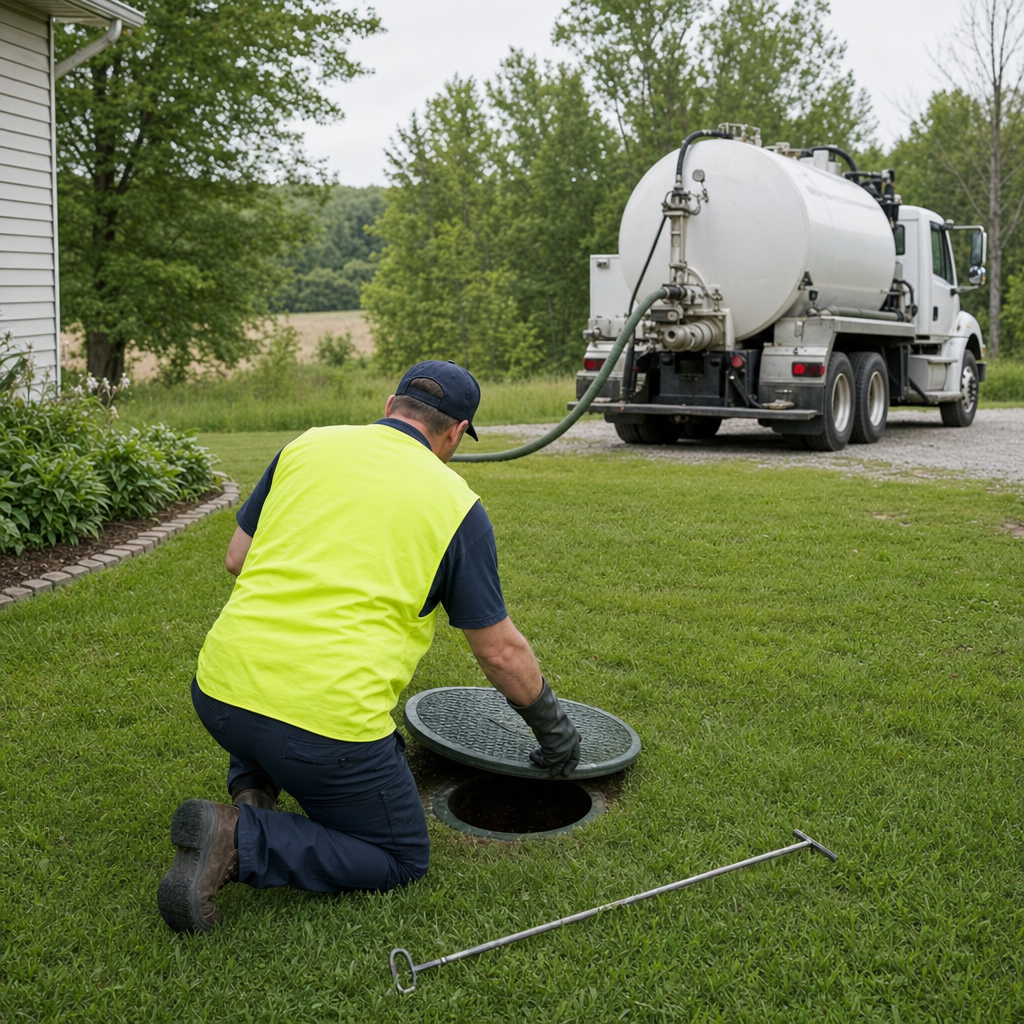 Septic technician kneeling on a San Francisco lawn, lifting the buried access lid on a residential septic tank