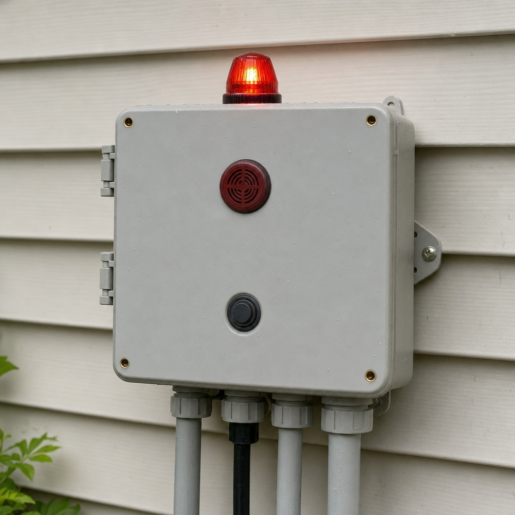 An aerobic septic system control panel mounted outside a San Francisco home with its red high-water alarm light lit
