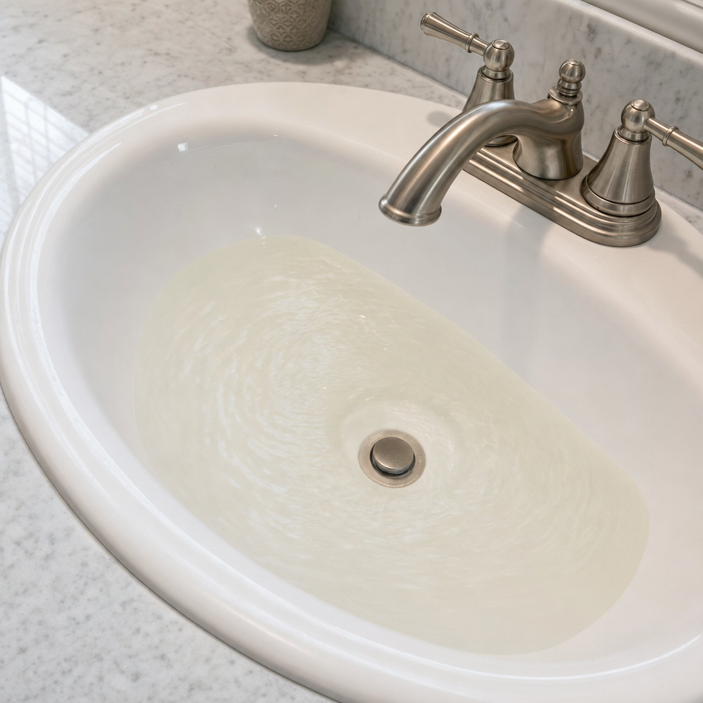 A bathroom sink draining slowly with water pooled in the basin, an early warning sign that a San Francisco septic tank is full